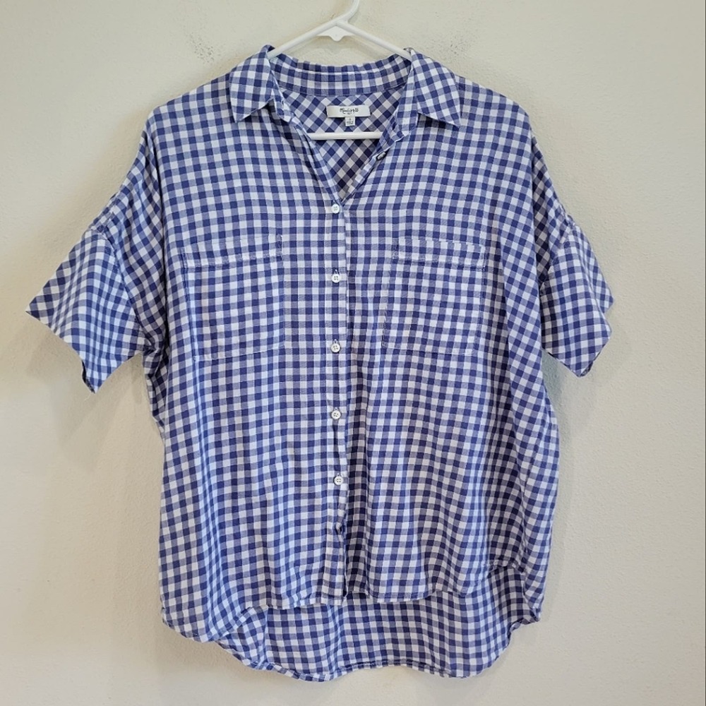 Madewell Womens Blue White Gingham Check Short Sleeve Button Up Shirt Size Small